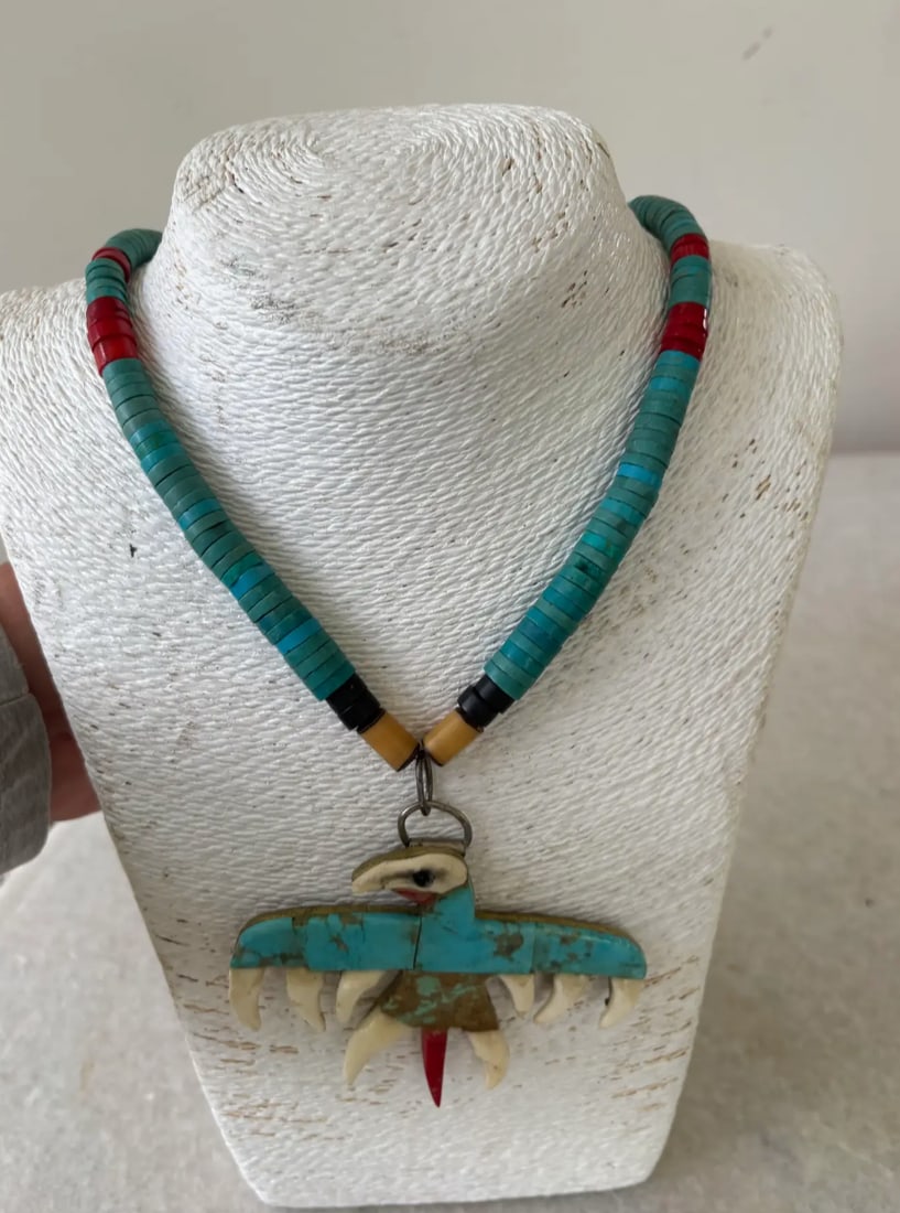 Rare Mid-Century Native American Turquoise Necklace With Eagle Pendant - 2