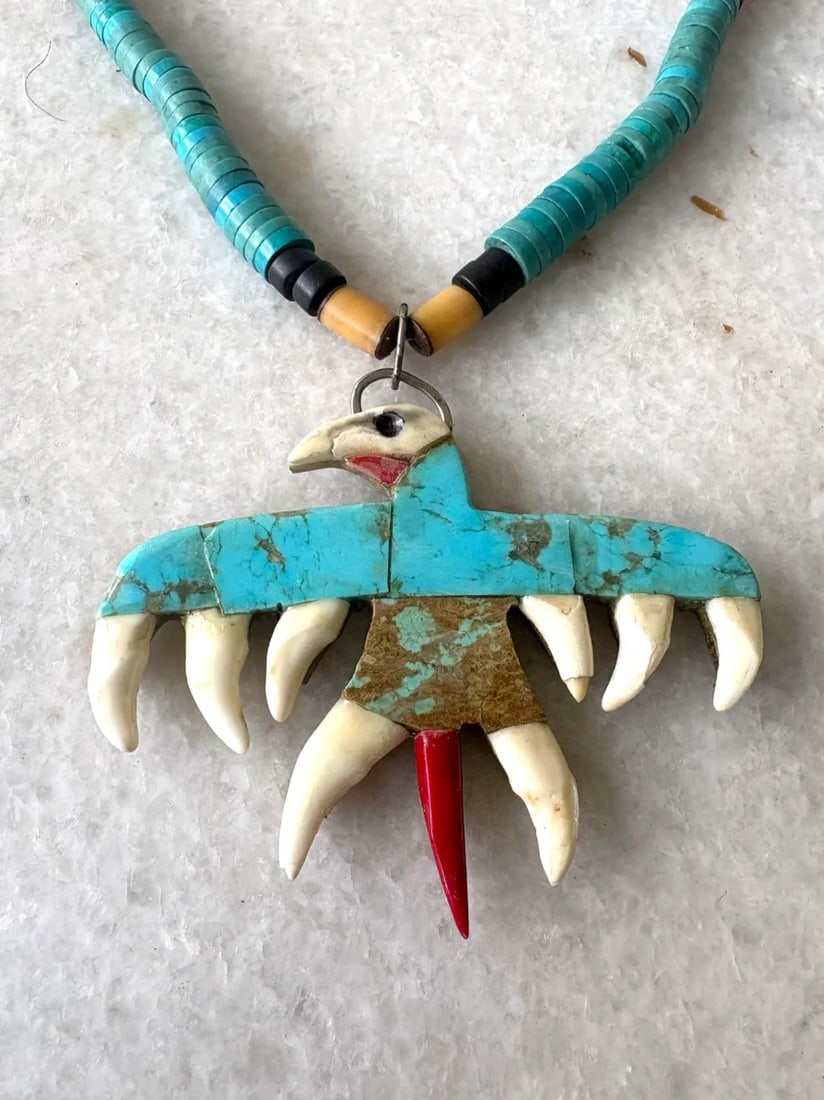 Rare Mid-Century Native American Turquoise Necklace With Eagle Pendant - 4