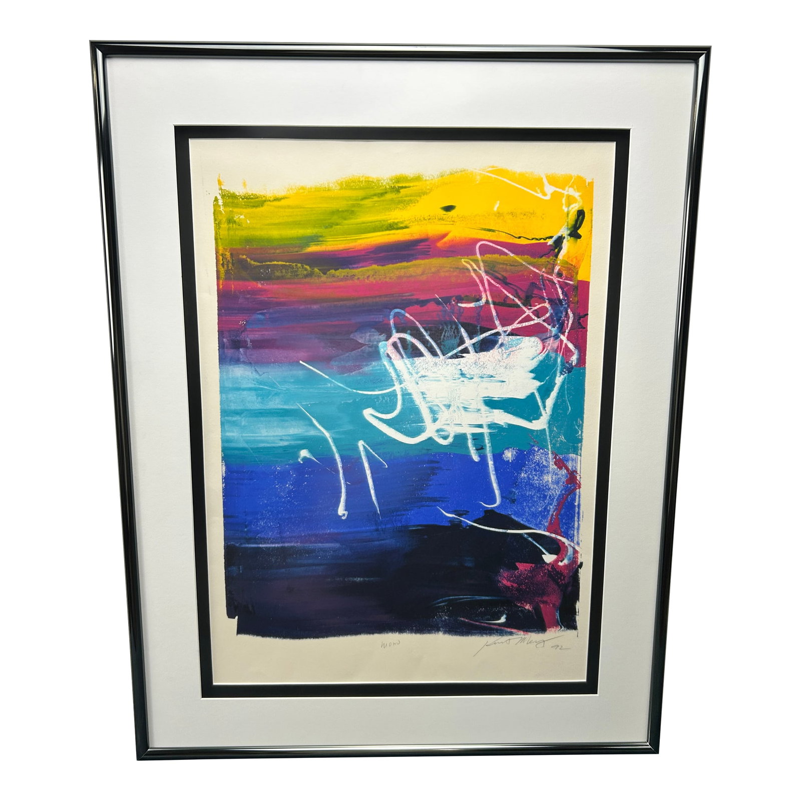 1992 Postmodern Abstract Monoprint by Kurt Merry in Custom Nielsen Pewter Frame: Electric and unrestrained, this original 1992 abstract monoprint by artist Kurt Merry is a high-energy focal piece capturing the transitional aesthetic of early 1990s Postmodernism. Grounded by a deep