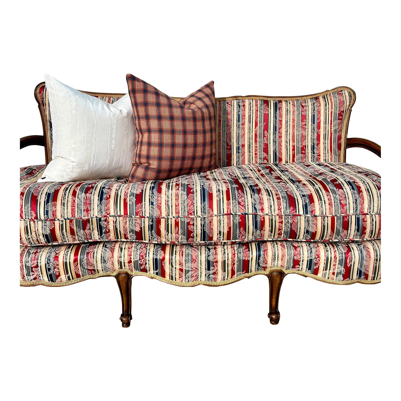 The Mid-Century French Provincial Canapé (71"): This 71-inch canapé is a sophisticated exploration of the French Provincial form, dating to the mid-century revival. Unlike standard decorative settees, this piece possesses the scale of a full