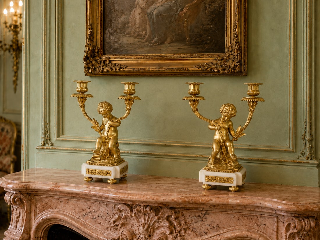 19thC French Louis XVI Gold Ormolu Clock Set - 3 Pc - 11