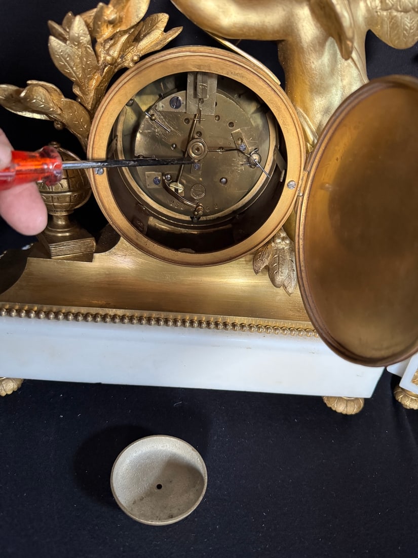 19thC French Louis XVI Gold Ormolu Clock Set - 3 Pc - 12