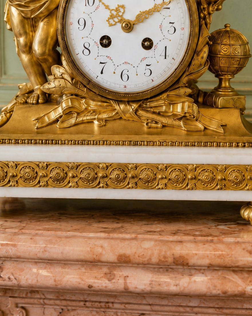 19thC French Louis XVI Gold Ormolu Clock Set - 3 Pc - 13