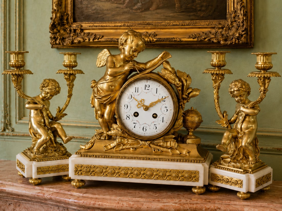 19thC French Louis XVI Gold Ormolu Clock Set - 3 Pc - 14
