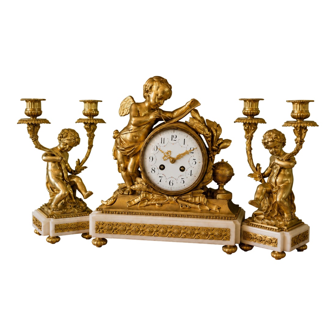 19thC French Louis XVI Gold Ormolu Clock Set - 3 Pc (1 of 14)