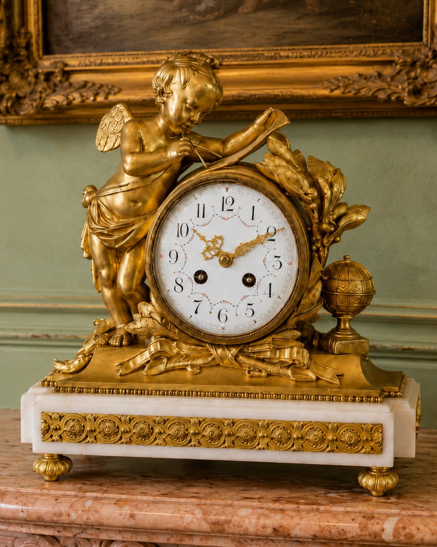 19thC French Louis XVI Gold Ormolu Clock Set - 3 Pc - 2