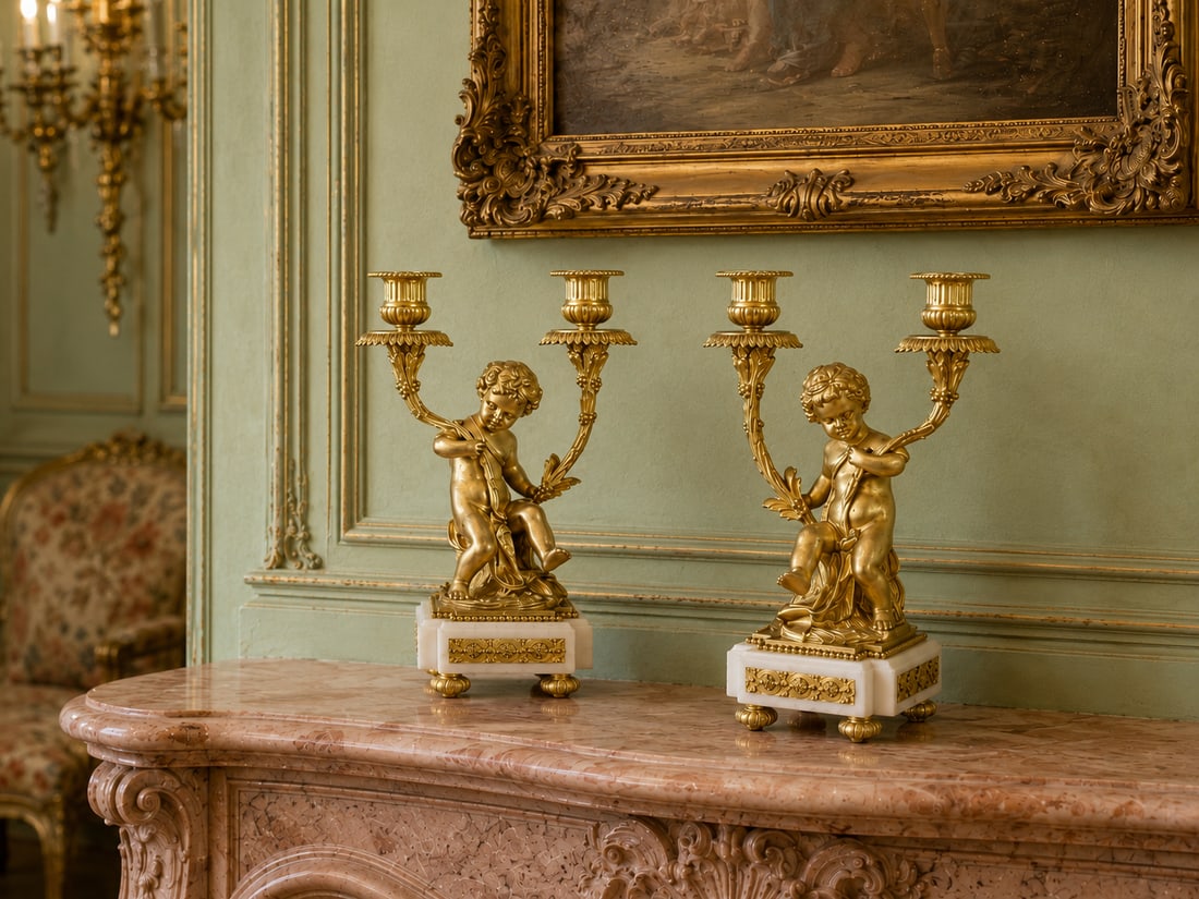 19thC French Louis XVI Gold Ormolu Clock Set - 3 Pc - 3