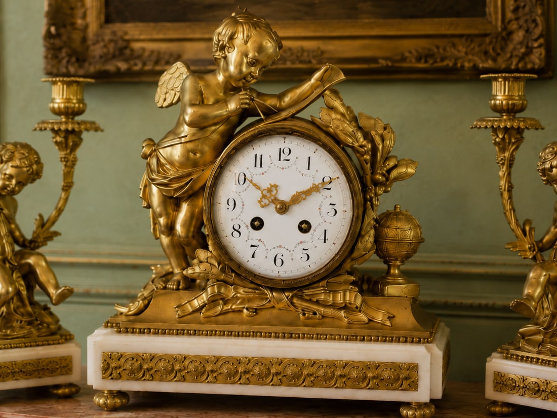 19thC French Louis XVI Gold Ormolu Clock Set - 3 Pc - 5
