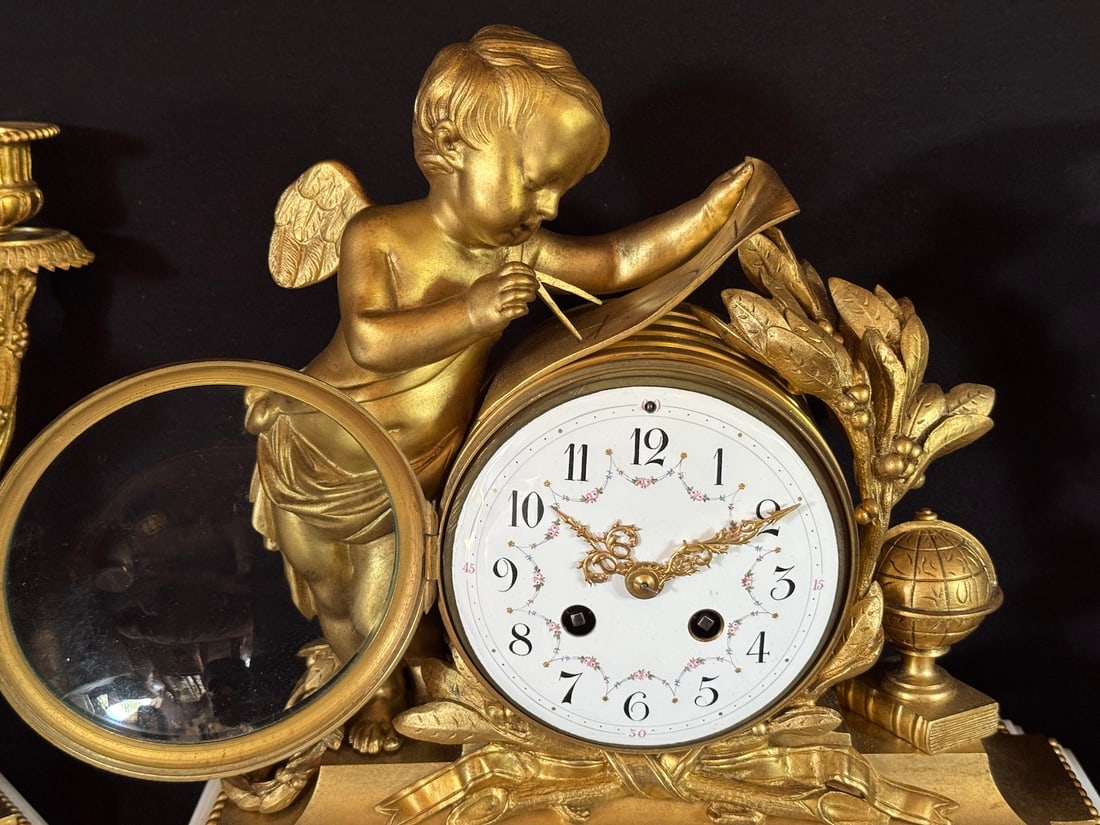 19thC French Louis XVI Gold Ormolu Clock Set - 3 Pc - 6
