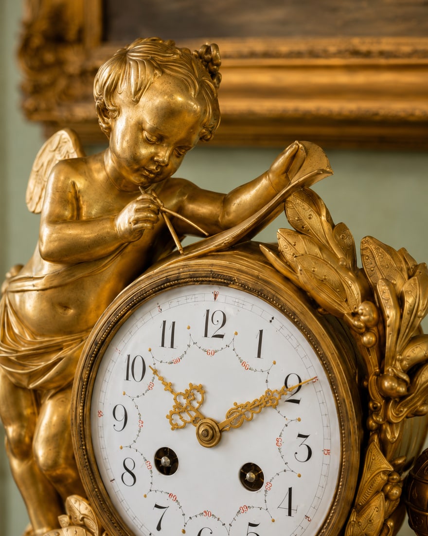 19thC French Louis XVI Gold Ormolu Clock Set - 3 Pc - 7