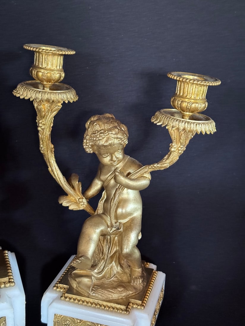 19thC French Louis XVI Gold Ormolu Clock Set - 3 Pc - 8