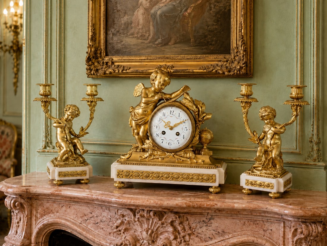19thC French Louis XVI Gold Ormolu Clock Set - 3 Pc - 9
