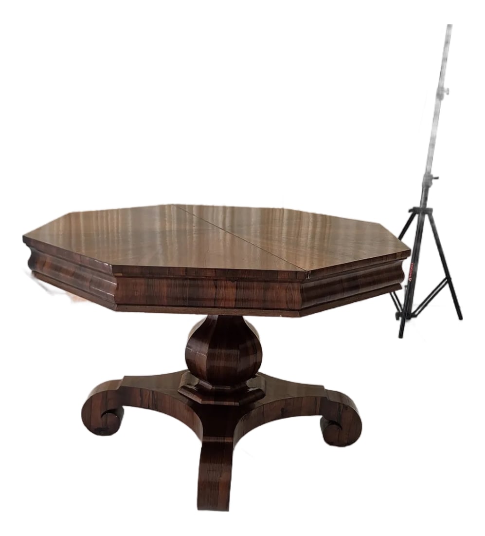 Antique Octagonal Walnut Finish Tilt ( Snap) Pedestal Center Table: Antique Octagonal Walnut Finish Tilt ( Snap) Pedestal Center Table fluted Column and screw legs. Can not find makers mark but think it is Gillows of Lancaster and London. Can not confirm. Has large