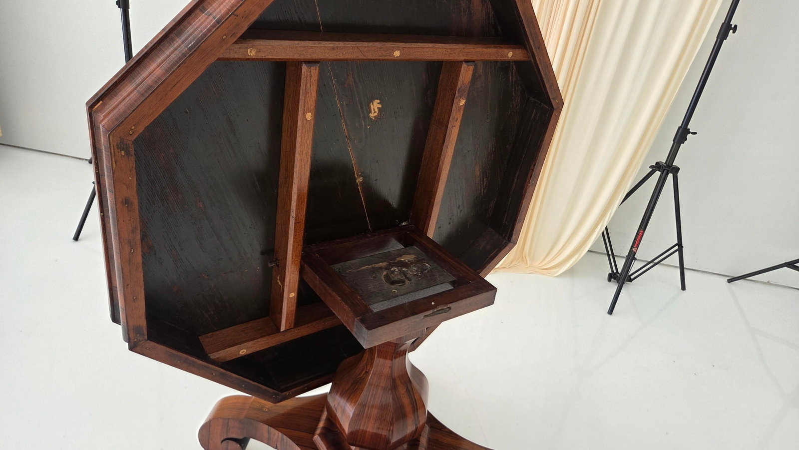 Antique Octagonal Walnut Finish Tilt ( Snap) Pedestal Center Table - 2