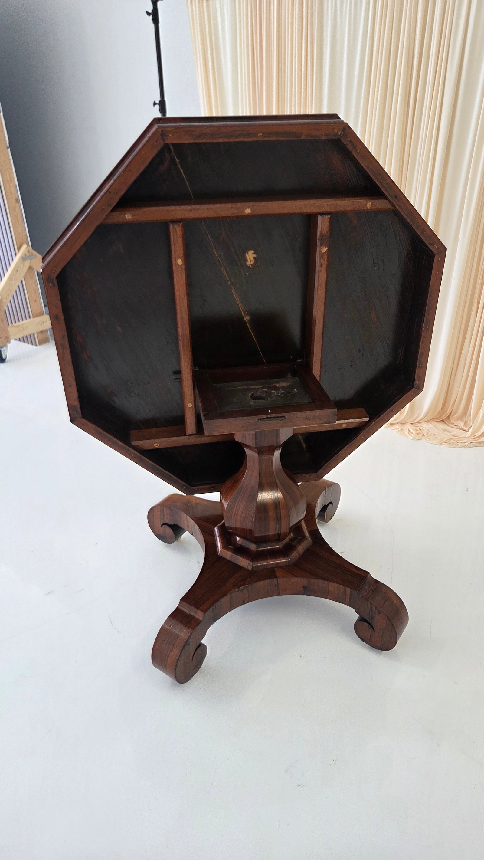 Antique Octagonal Walnut Finish Tilt ( Snap) Pedestal Center Table - 6