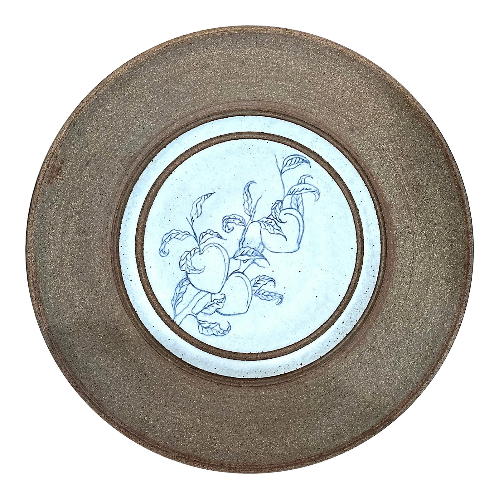 1980's Stoneware Studio Pottery Charger Decorated With Peaches - Ken Edwards Montana Potter: Extra large 1980's stoneware pottery charger. Its outer rim is lsaltglazed to refer the clay's natural characteristics. At the center is a large white glazed panel decorated with blossoming peach