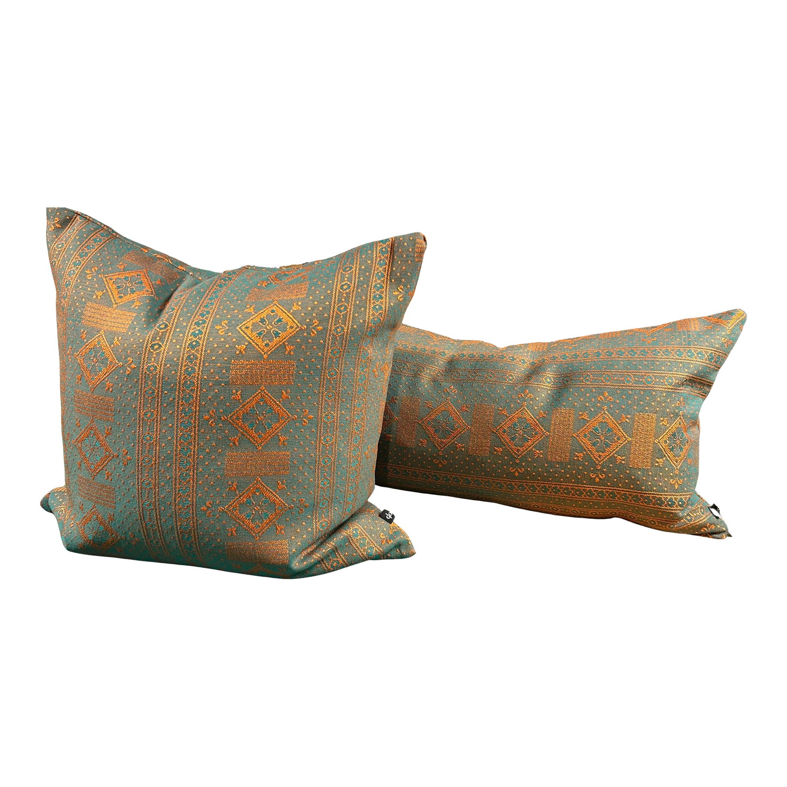 Set of Artisan Nomad Wool Neo-Folk Tribal Throw Pillow, Handworked Locally Chicago: Artisan Textiles. A study in contrast. This teal and copper woven jacquard is a color duo that never goes out of style. They are rich, present, and textured. They are not overstuffed, allowing for a