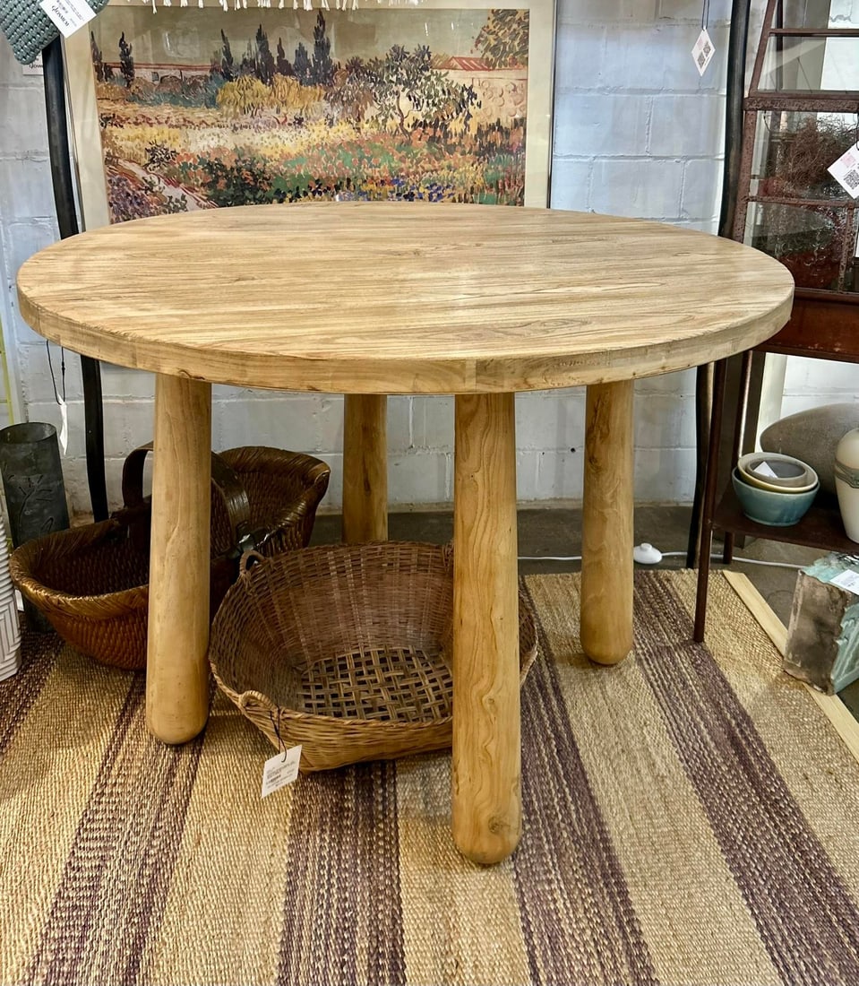 Contemporary Wabi-Sabi 43" Round Solid Mango Wood Pillar Dining or Foyer Table - 3