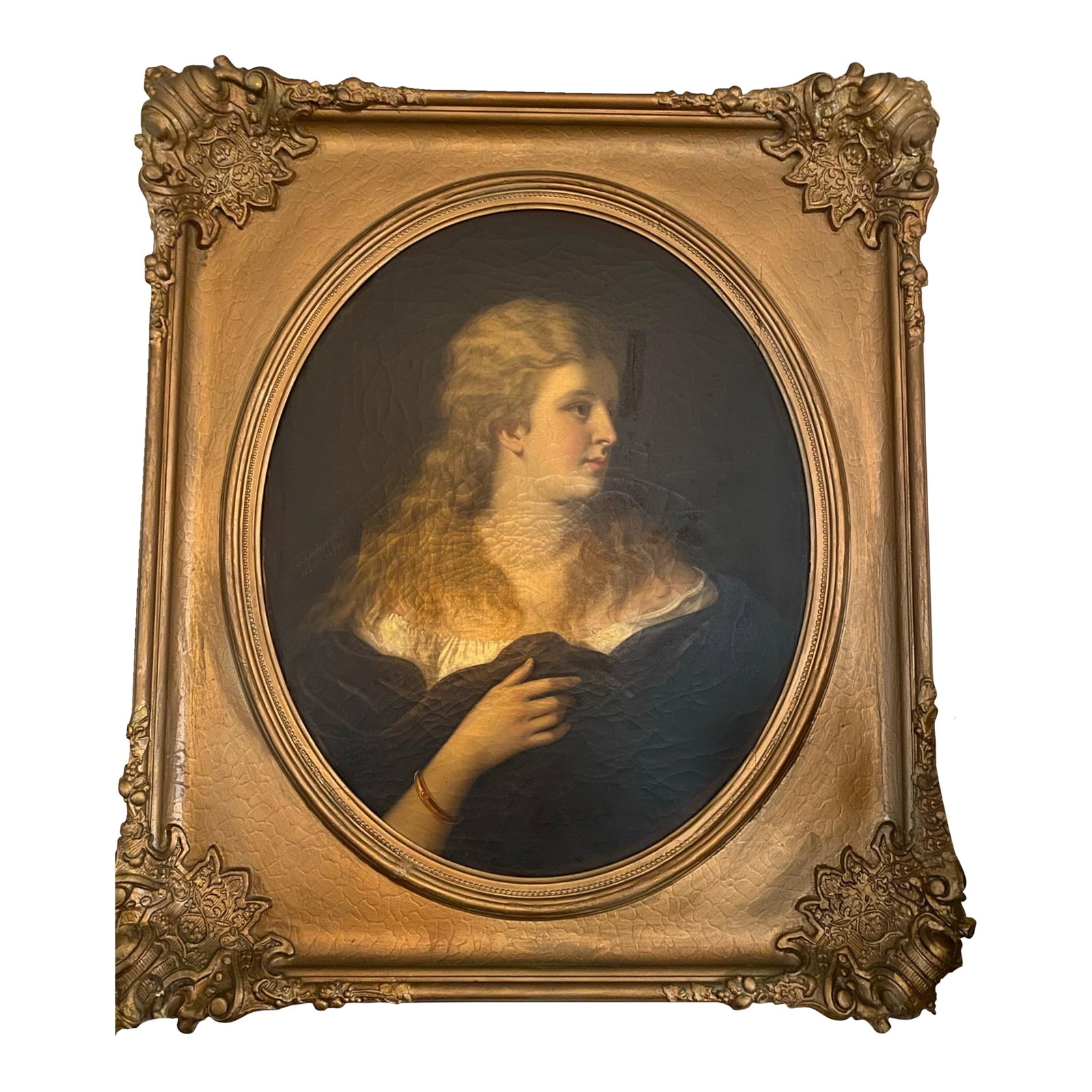 Antique Oil on Canvas Spatal Gilt Frame, Vienna, Signed 1870: Gorgeous portrait of a young lady, Austria 1870. M. J. Ludericki possibly is the signature. Details on this portrait are a fine example of an exemplary artist. Pictures do show all angles including