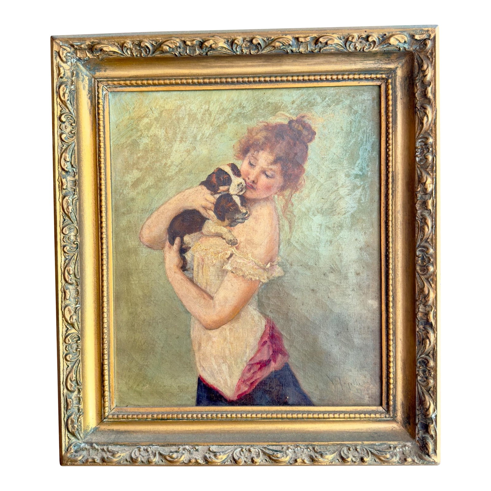Antique Oil on Canvas "Young Woman With Puppeis" v. Tojetti 1900: Antique painting titled "Woman with Puppies" by the Italian artist Virgilio Tojetti in 1900., known for his elegant, classical paintings with soft brush strokes. Pictures show you all angles, no hidde