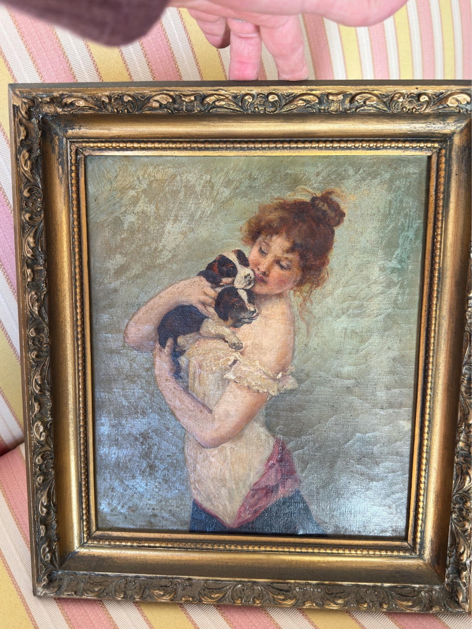 Antique Oil on Canvas "Young Woman With Puppeis" v. Tojetti 1900 - 3