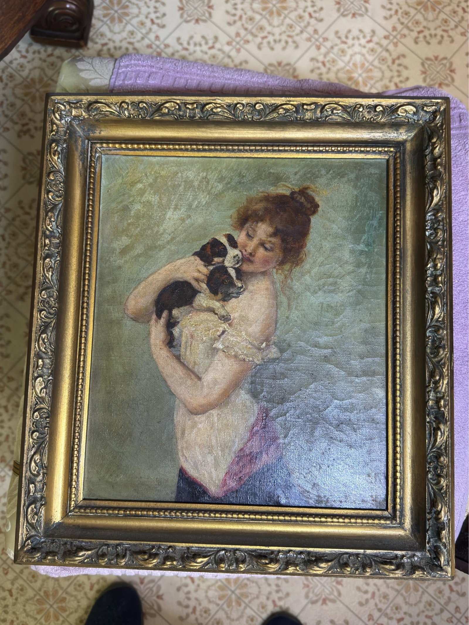 Antique Oil on Canvas "Young Woman With Puppeis" v. Tojetti 1900 - 5