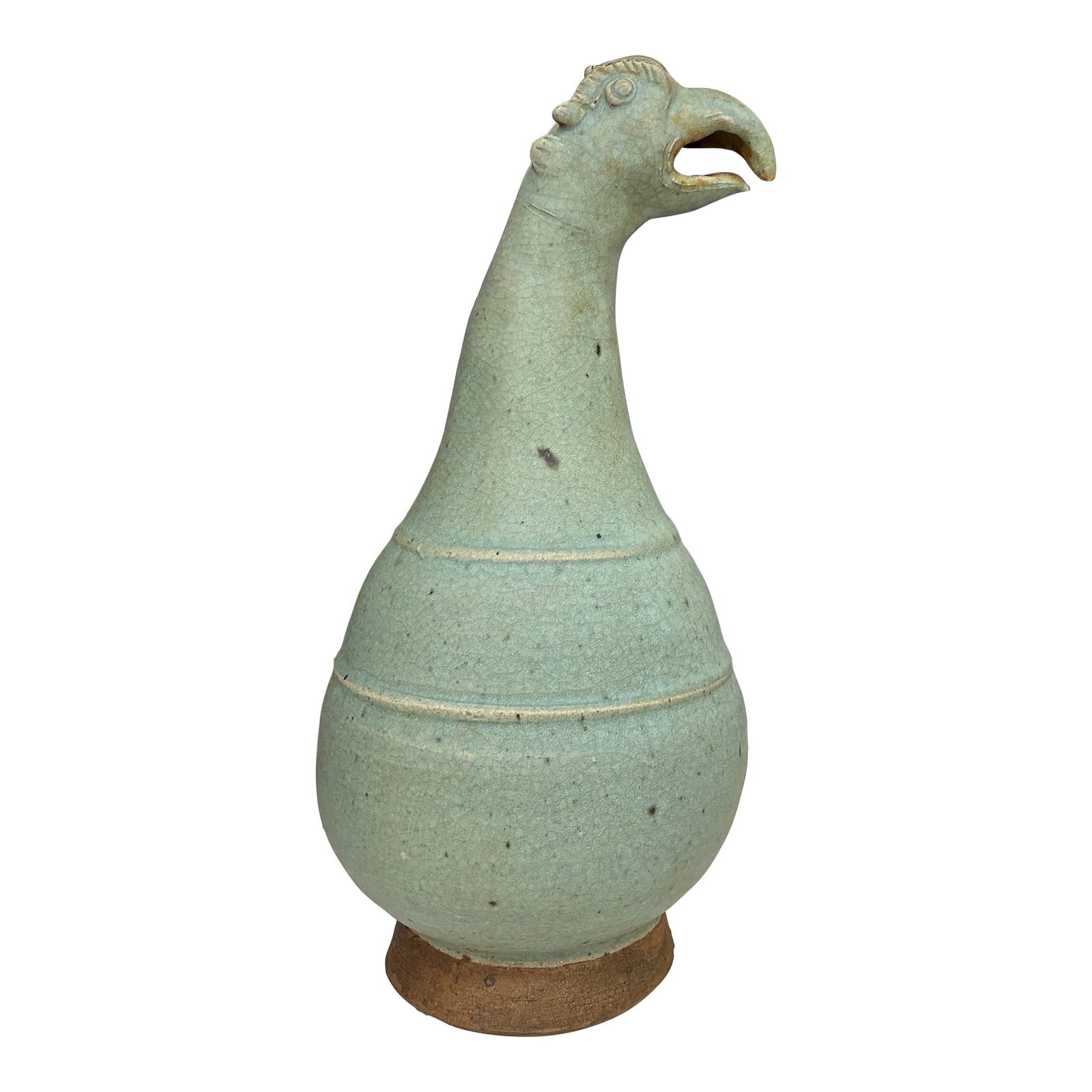 Thai Sawanghalok Celadon Ewer 16th Century W Hamsa Bird Head Mouth: Ceremonial ewer heavily potted during Aayutayya 16th century Thailand. In the form of the hamsa. This shape is recurring in Thai mythical stories. Found near Sawanghalok. BASE DIAMETER: 3.3"