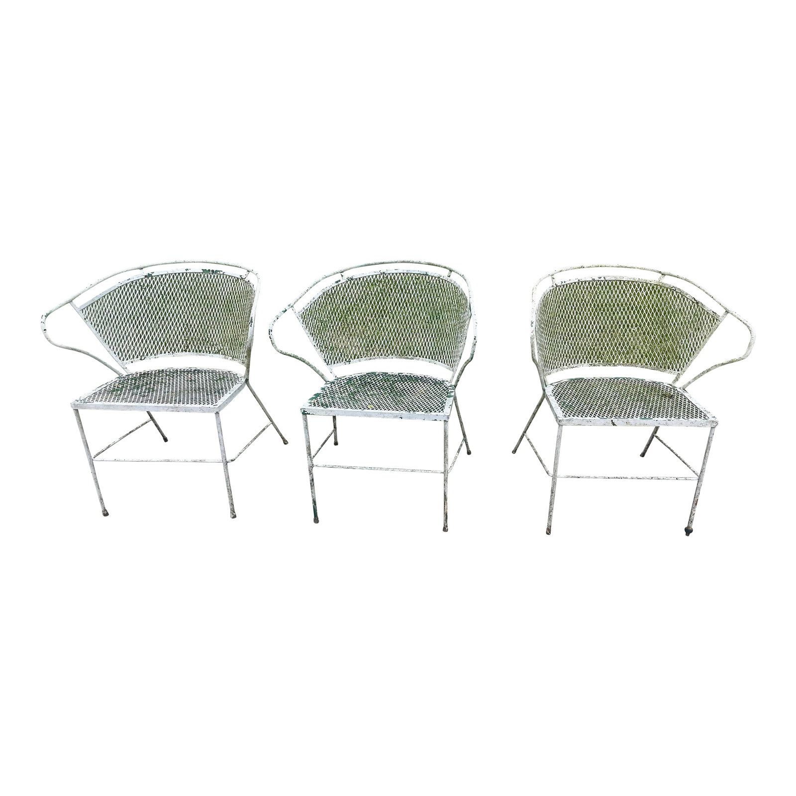 Set of 3 Wrought Iron Garden Patio Chairs Mesh Seats Backs Att Russell Woodard: These are a very nice quality and design set of 3 wrought iron chairs with mesh seats and backs. It appears they were painted green first then white, the white is wearing off giving a wonderful