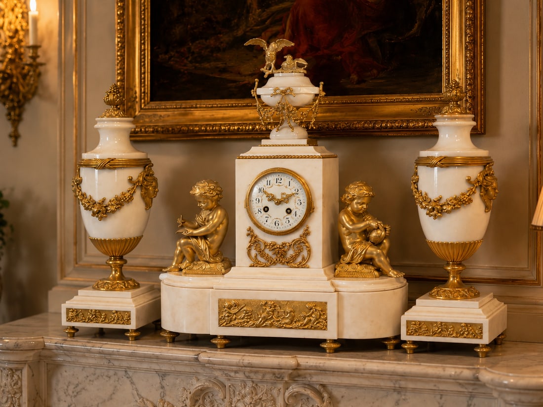 1855 Japy Freres Louis XVI Marble Clock Set - 3 Pc - 18
