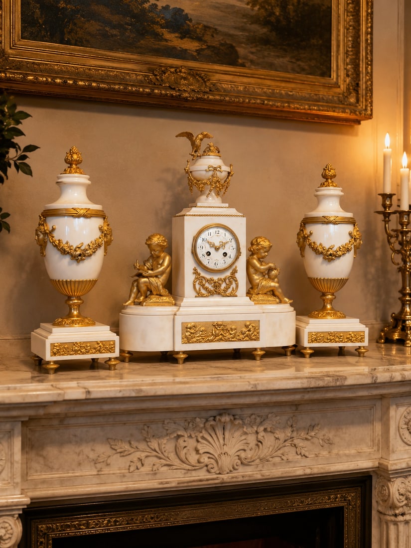 1855 Japy Freres Louis XVI Marble Clock Set - 3 Pc - 6