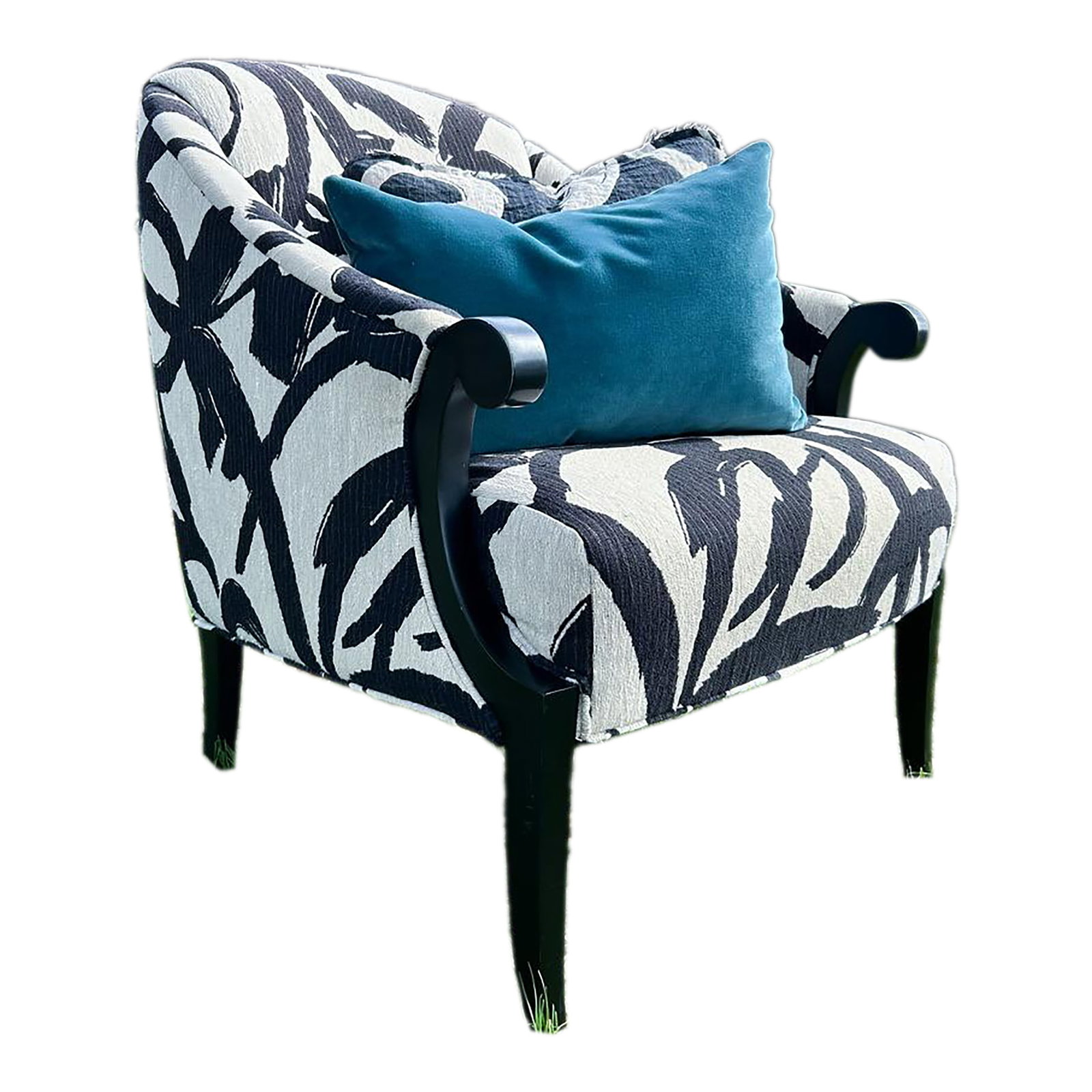1980s Thayer Coggin Modern Graphic Accent Chair: A striking statement piece that beautifully pairs mid-century heritage with contemporary edge. This authentic Thayer Coggin armchair features an elegant, classic silhouette defined by dramatic, eboniz
