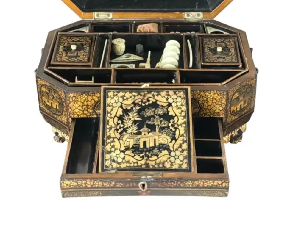 19th Century Chinese Export Lacquer Chinoiserie Sewing Box - 12