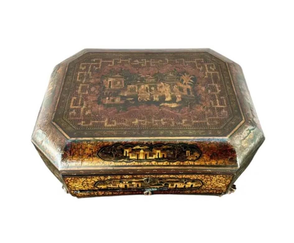 19th Century Chinese Export Lacquer Chinoiserie Sewing Box - 2