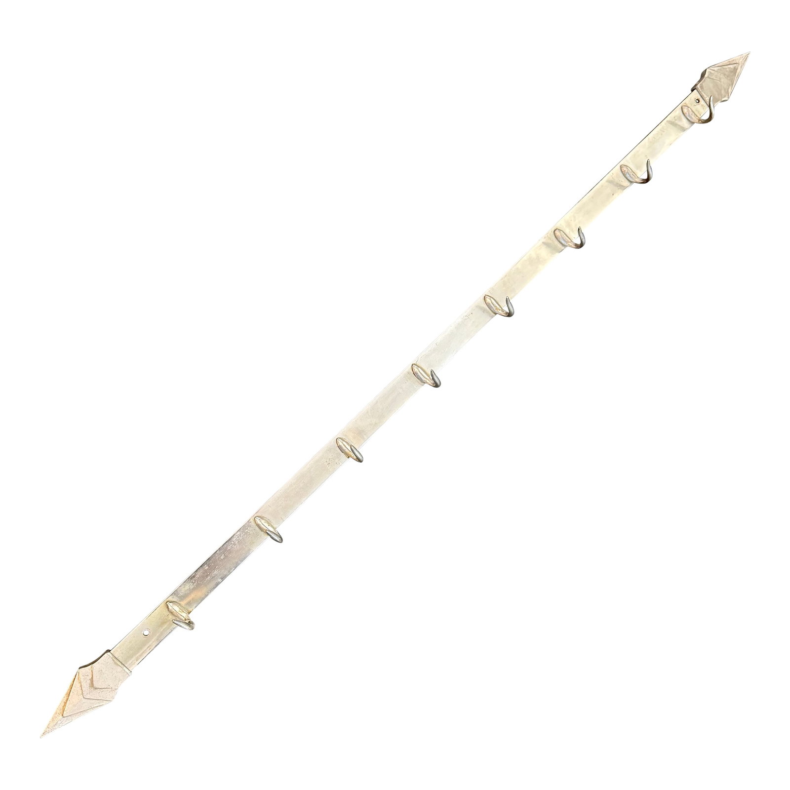 1930s Large Art Deco Arrowhead Steel Butchers Hook Wall Rack: This large French Art Deco industrial wall rack is often called a "Dent de Loup" or "wolf's teeth" rack. Masterfully forged from galvanized steel, the backplate houses eight sharp ended hooks and is