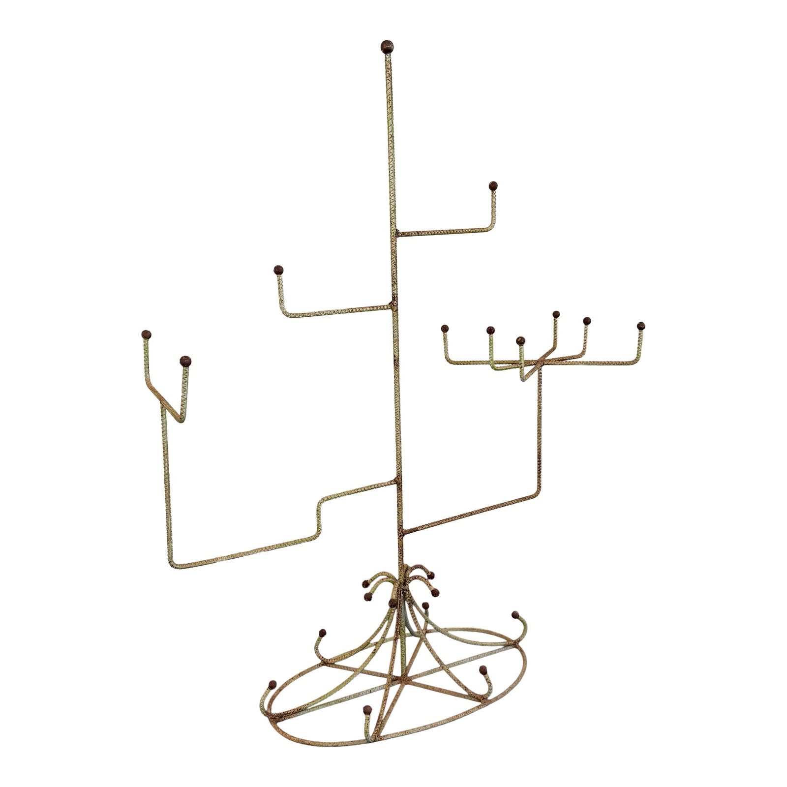 1940s Braided Metal Graduated Millinery Display Stand Hat Rack: This mid-century millinery display stand showcases a striking, architectural silhouette crafted from slender braided metal with an elegantly aged oxidized light green finish. The tree-like design