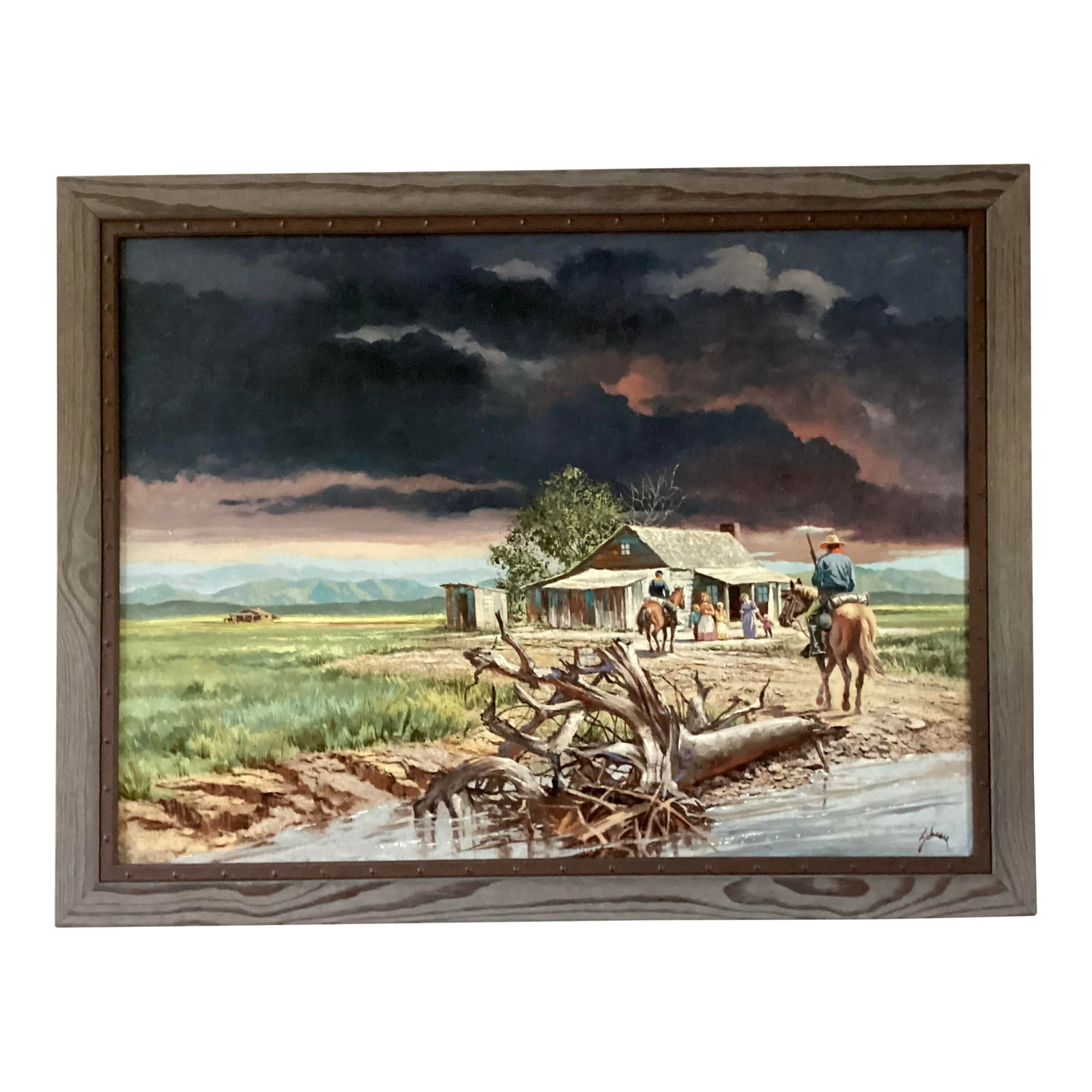 Harry Schaare (1922-2008) "Elkhorn Tavern". Oil on Board. Signed Lower Right.: Elkhorn Tavern is a historical Civil War novel by Douglas C. Jones, published by Harper Collins in 1996. Set in the Arkansas Ozarks, it follows the Hasford family who"”with the husband away
