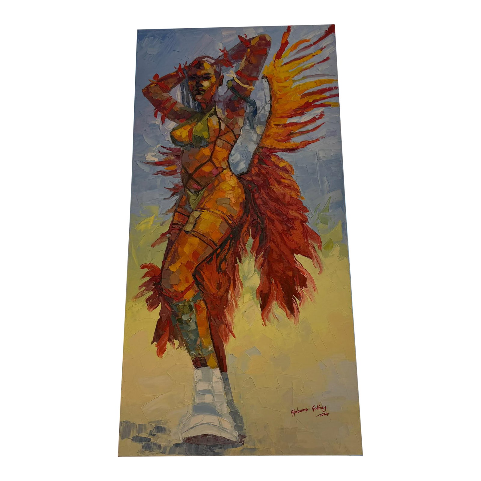 Samba of the Sun, Impasto Oil Painting by Godfrey Afebuame (2026): Godfrey Afebuame, Samba of the Sun, 2024 Oil on canvas 24 × 48 × 1 in | 61 × 121.9 × 2.5 cm Unique work Includes a Certificate of Authenticity Shipping Procedure Ships in a