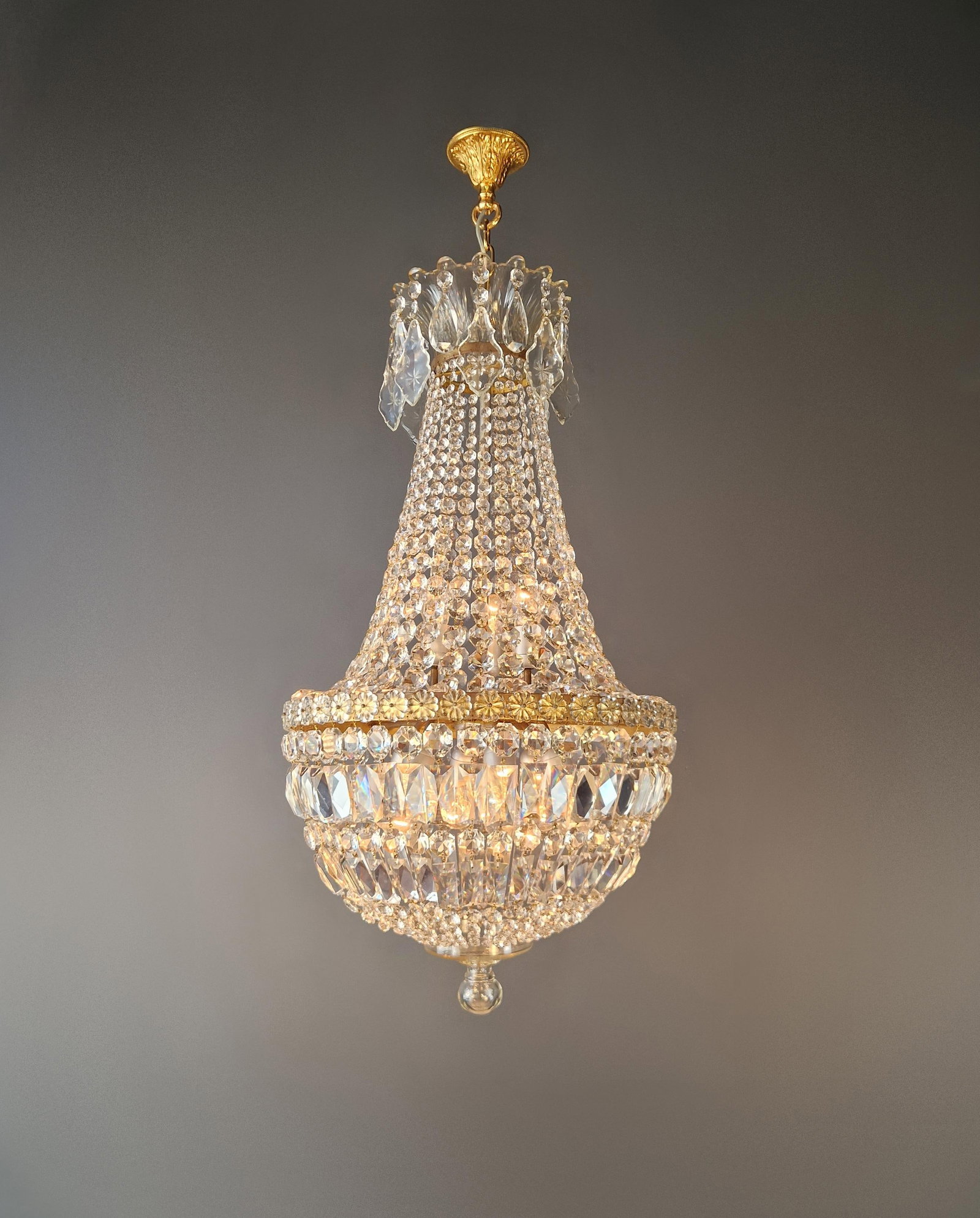 Antique French Empire Crystal Basket Chandelier Brass and Cut Crystal Closed - 2