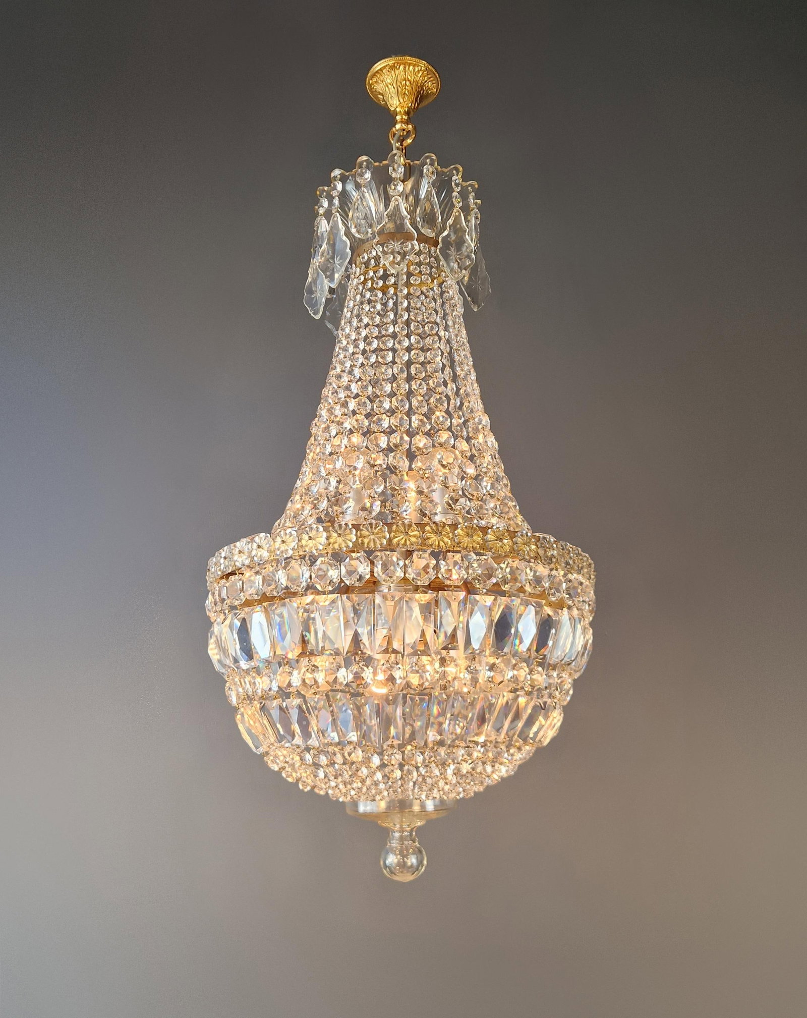 Antique French Empire Crystal Basket Chandelier Brass and Cut Crystal Closed - 3