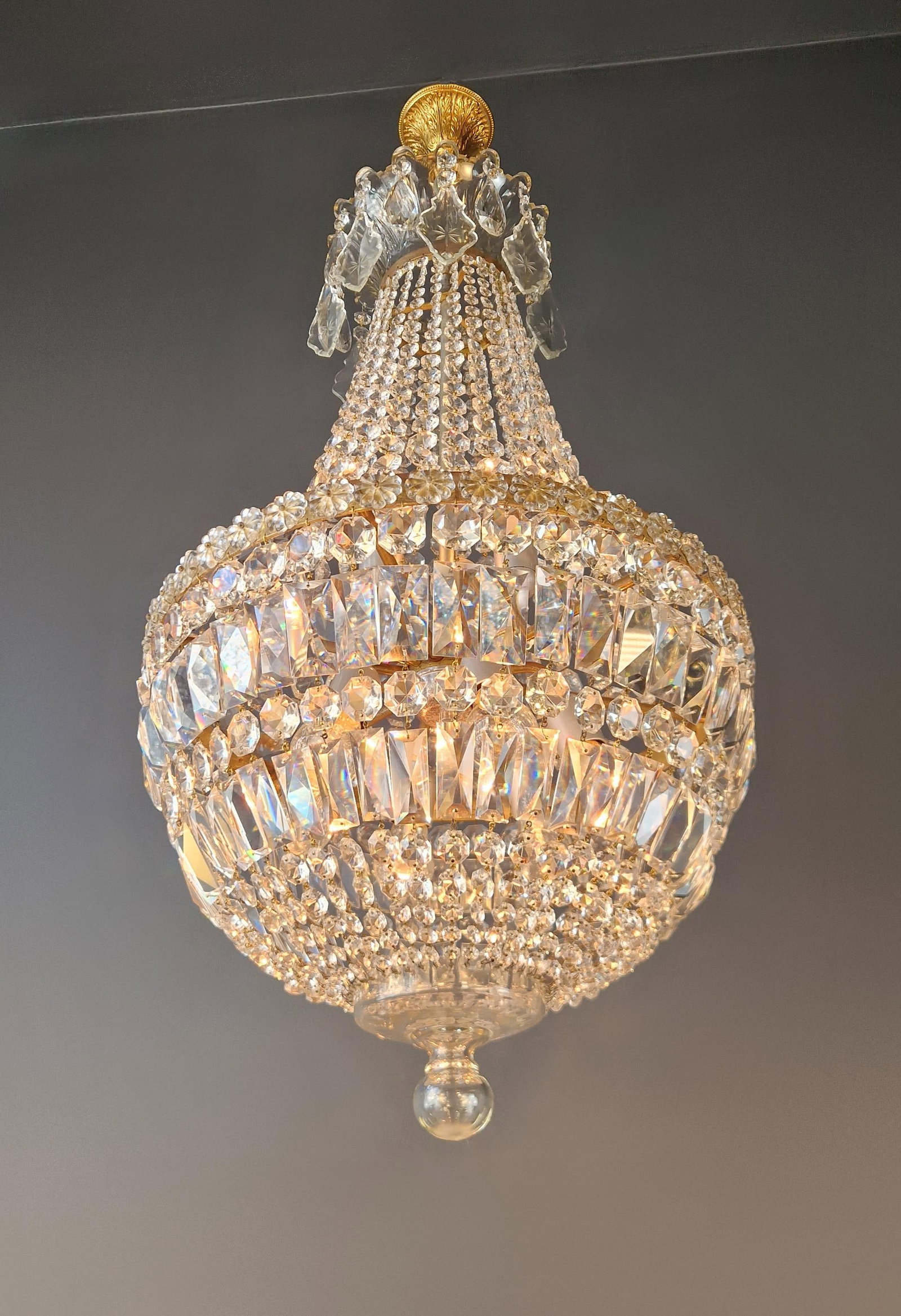 Antique French Empire Crystal Basket Chandelier Brass and Cut Crystal Closed - 4