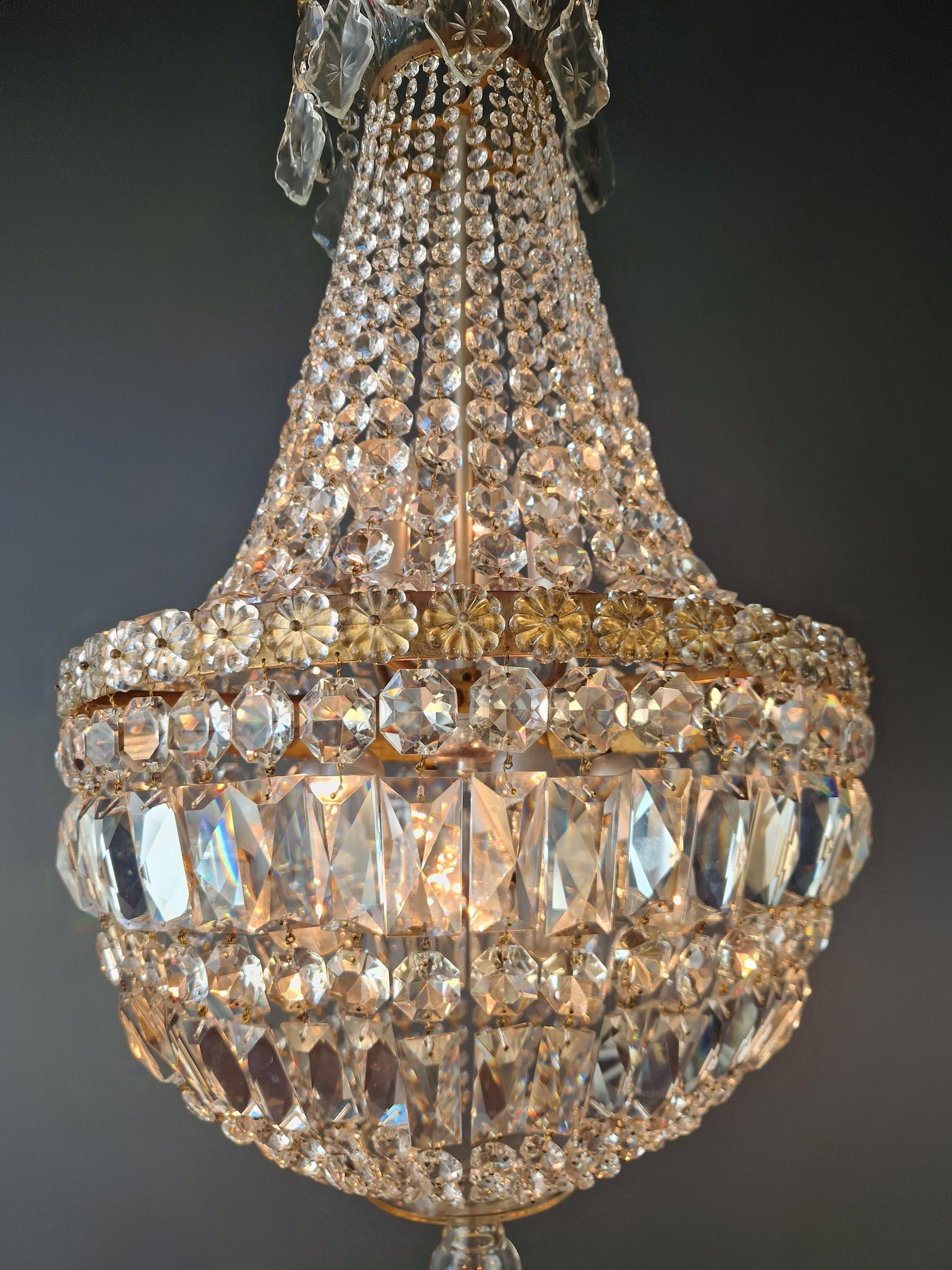 Antique French Empire Crystal Basket Chandelier Brass and Cut Crystal Closed - 5