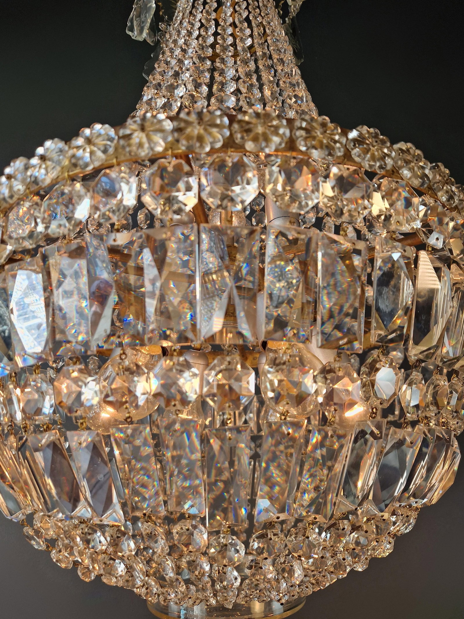 Antique French Empire Crystal Basket Chandelier Brass and Cut Crystal Closed - 7