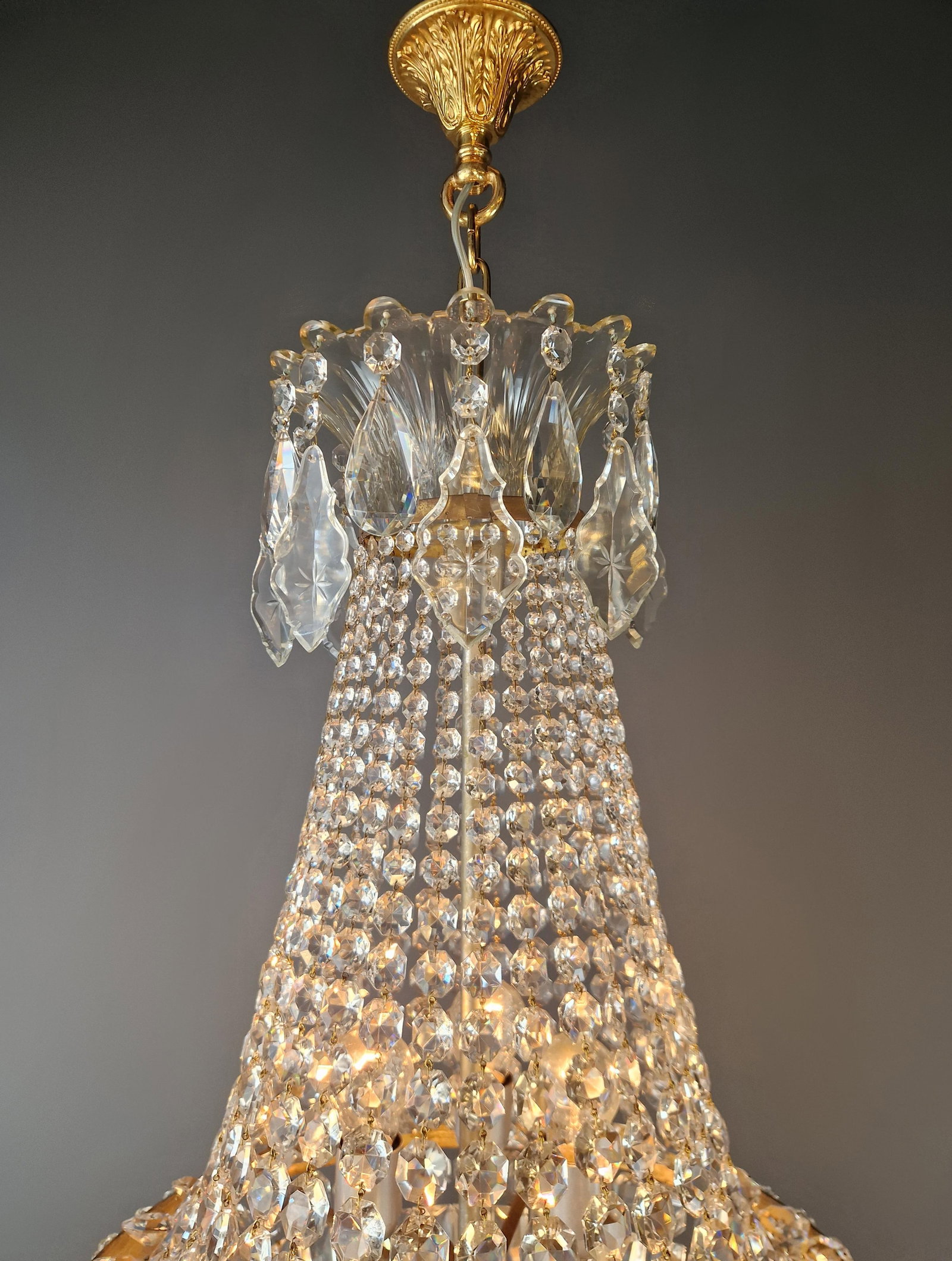 Antique French Empire Crystal Basket Chandelier Brass and Cut Crystal Closed - 9