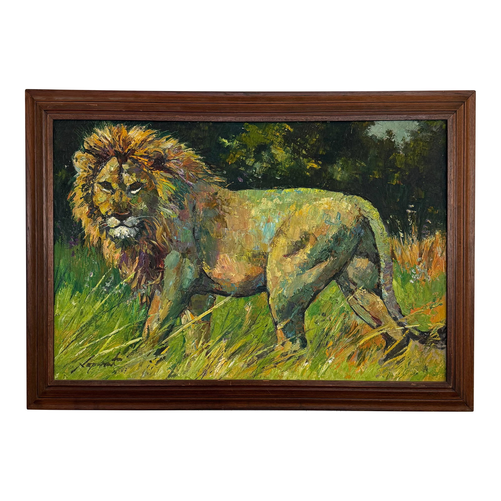 1970s Framed Impressionist Lion in the Wild Painting by Noparat Livisddhi: This large framed oil painting is by Thai artist Noparat Livisddhi, born 1932. This impressionist painting circa the 1970s depicts a majestic lion in the grass in bold lime greens and fiery oranges. T