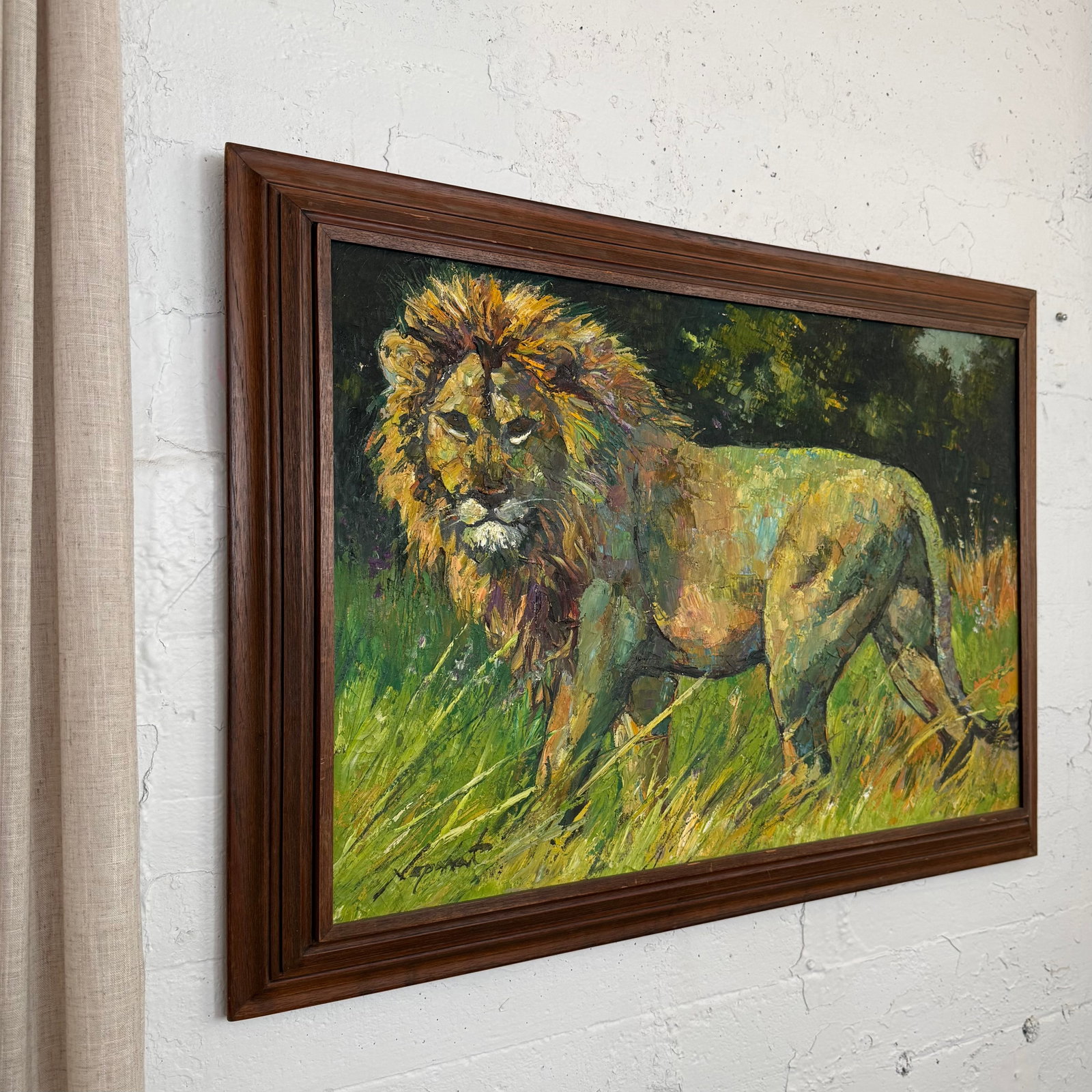 1970s Framed Impressionist Lion in the Wild Painting by Noparat Livisddhi - 2