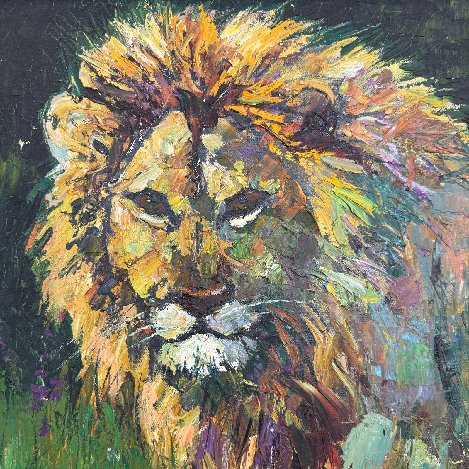 1970s Framed Impressionist Lion in the Wild Painting by Noparat Livisddhi - 3