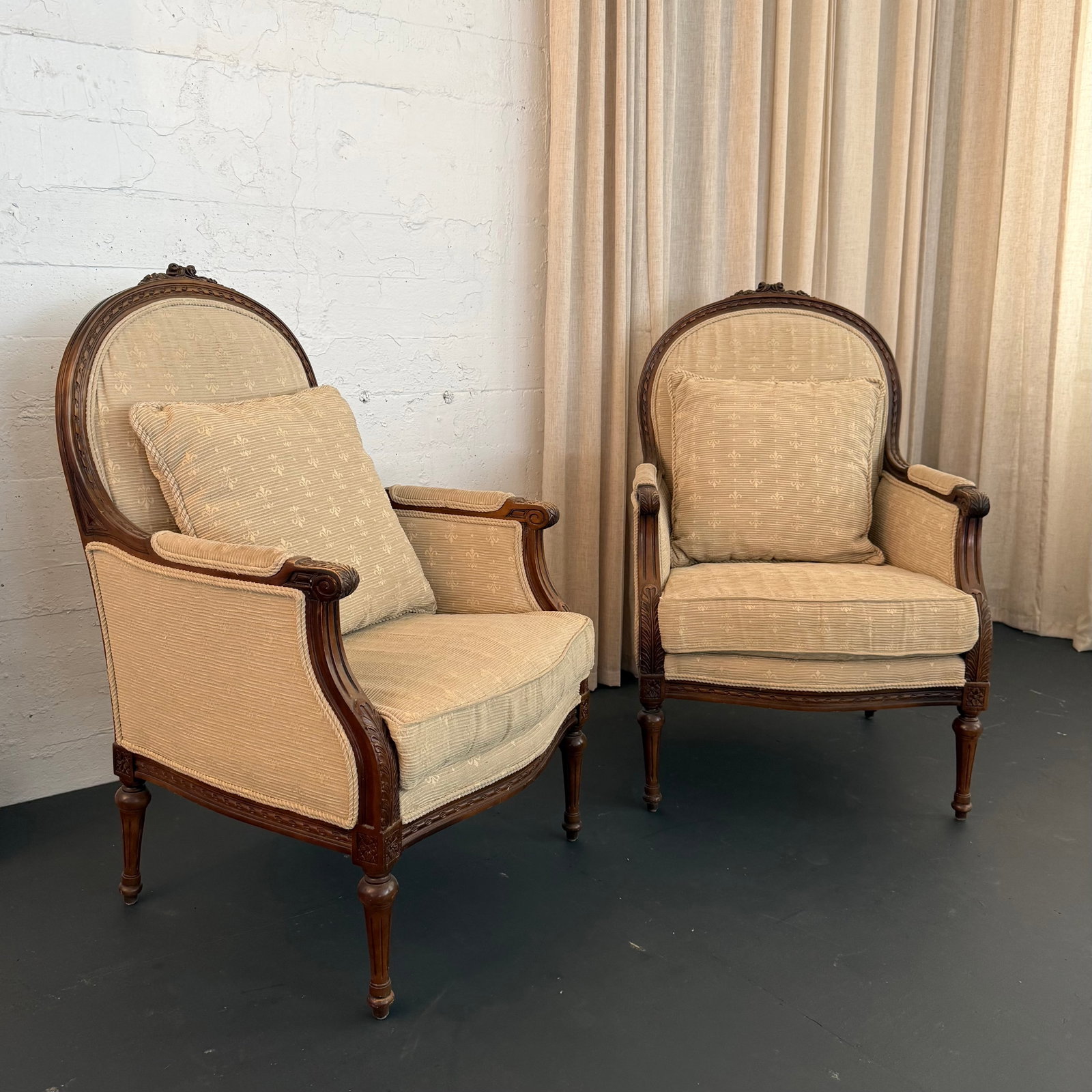 Pair of Mid-Century Louis XVI Style Carved Walnut Bergère Armchairs - 3