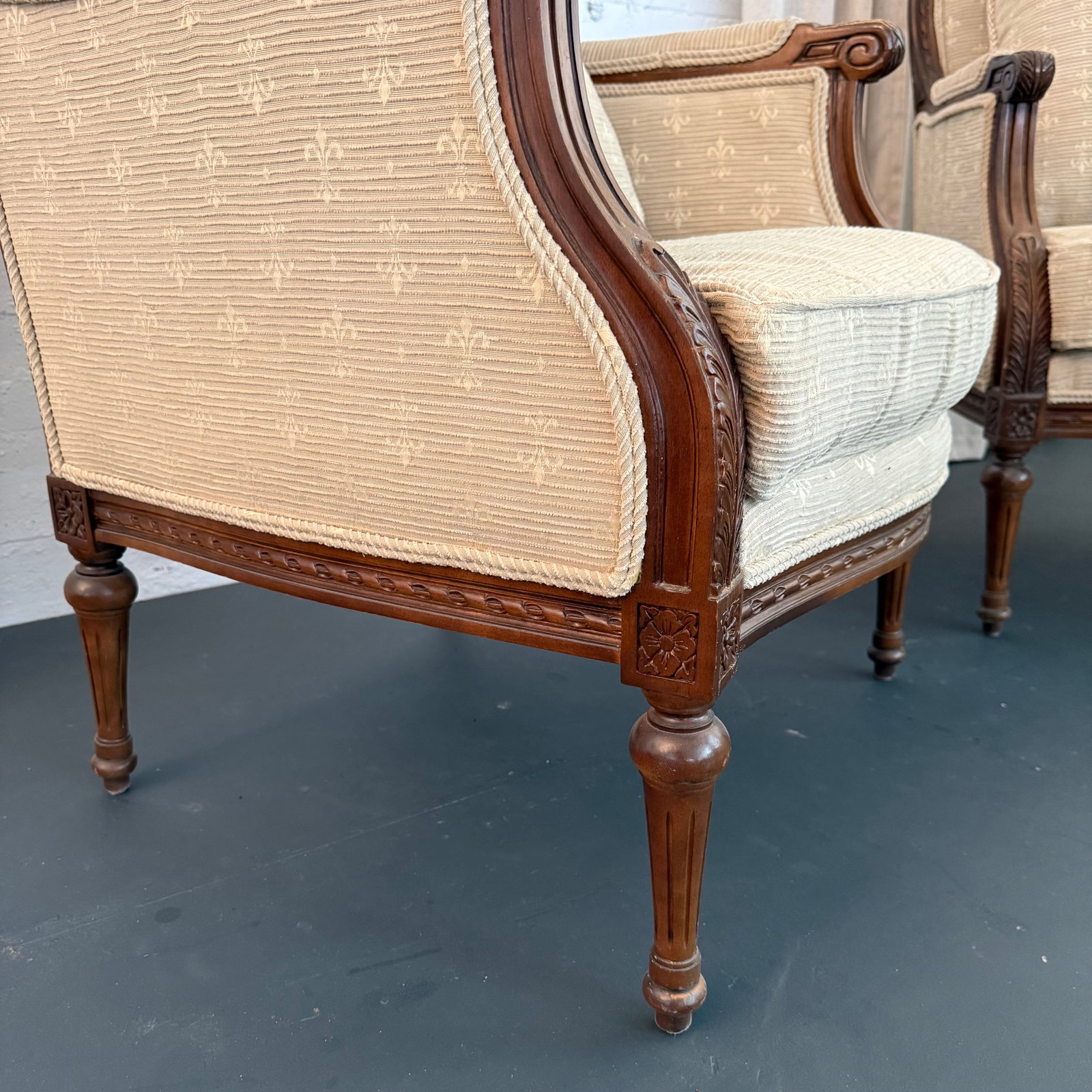 Pair of Mid-Century Louis XVI Style Carved Walnut Bergère Armchairs - 4