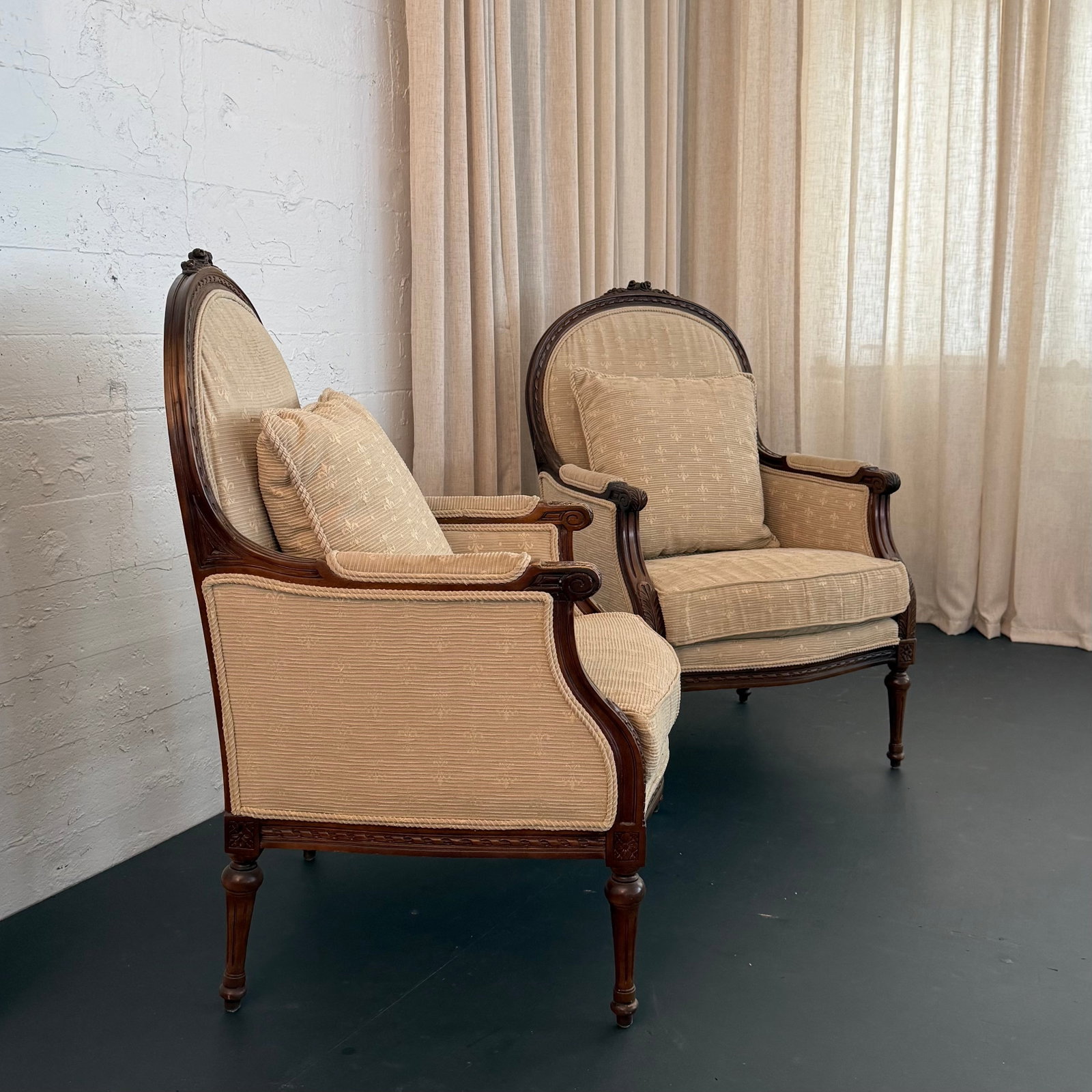 Pair of Mid-Century Louis XVI Style Carved Walnut Bergère Armchairs - 5