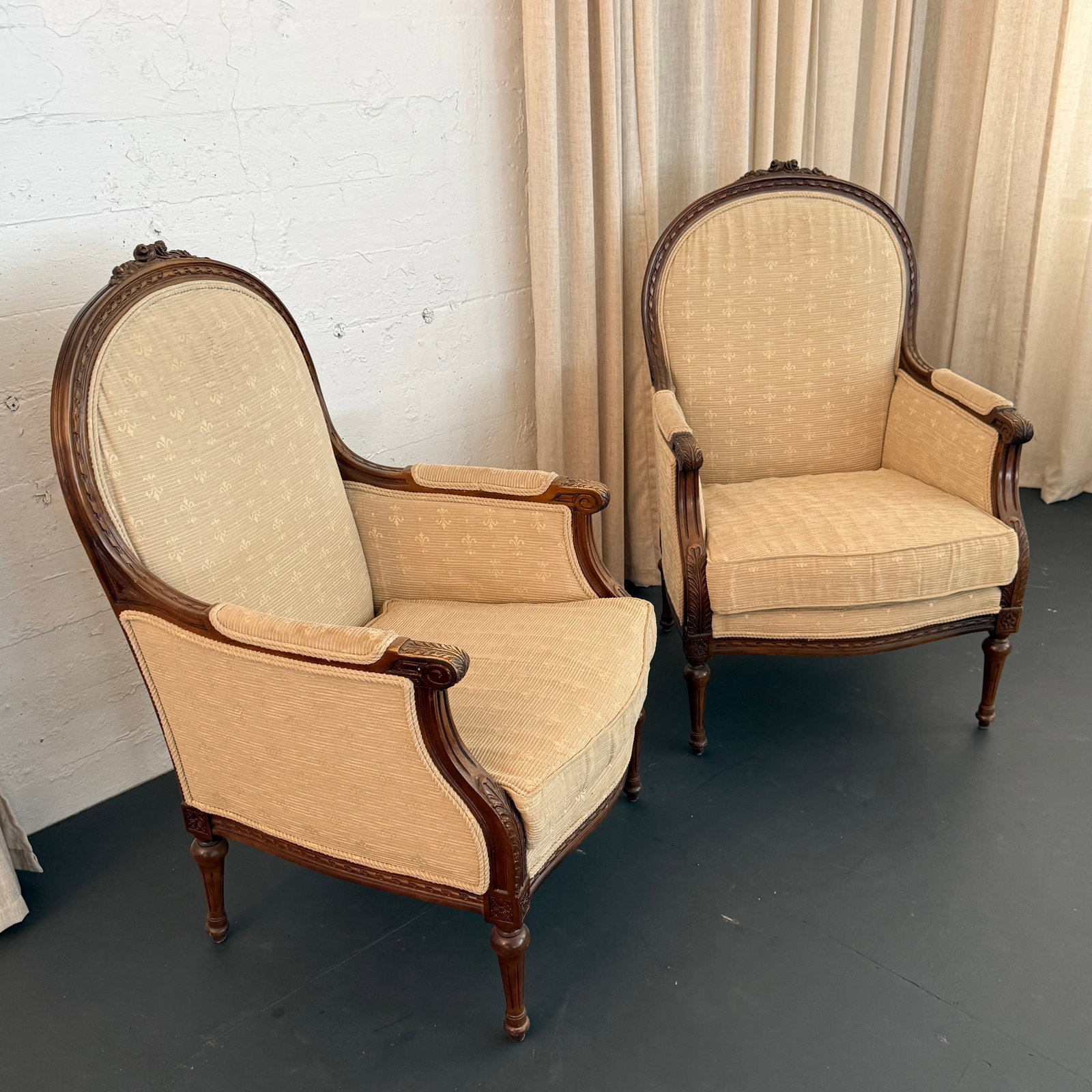 Pair of Mid-Century Louis XVI Style Carved Walnut Bergère Armchairs - 7